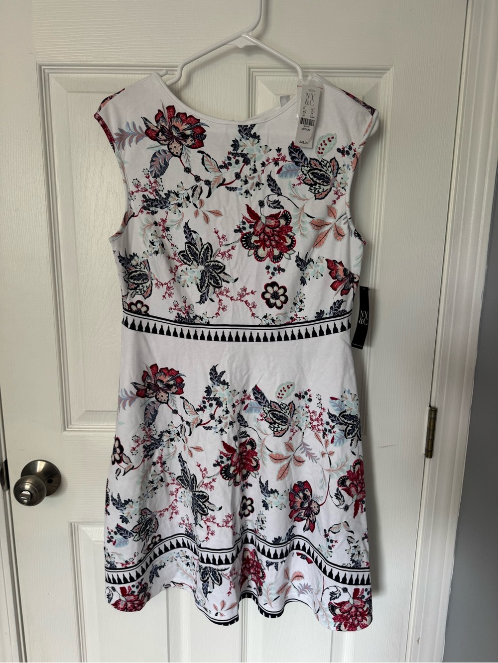 New York & Company White Floral Fit-and-Flare Dress with Red and Navy Accents